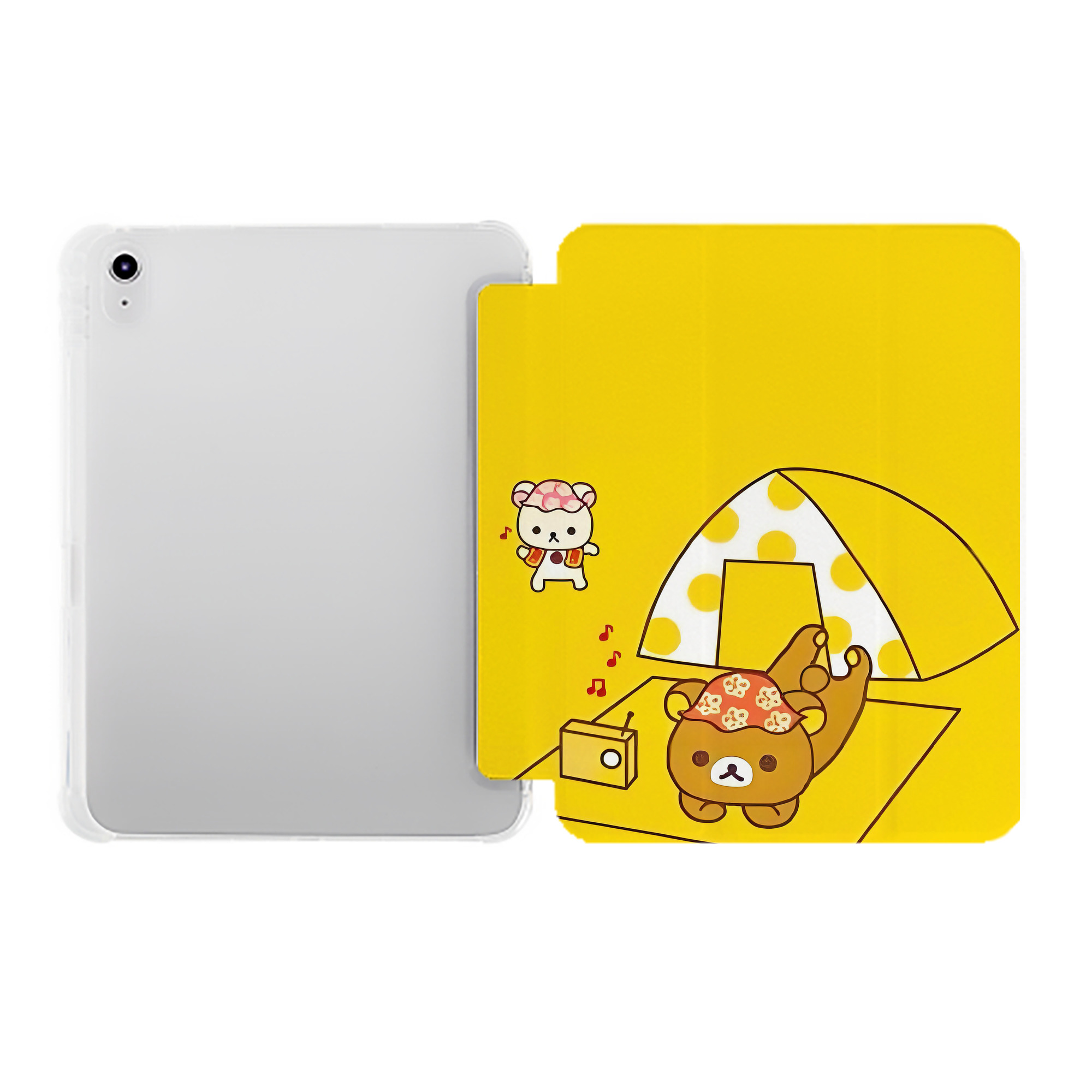 （画像用） リラックマ リラックマ キイロイトリ Rilakkuma Korilakkuma Kiiroitori IPad ケース ペン収納付き 三つ折りスタンド PUレザー×シリコン 対応機種9.5/10.5/10.9インチ